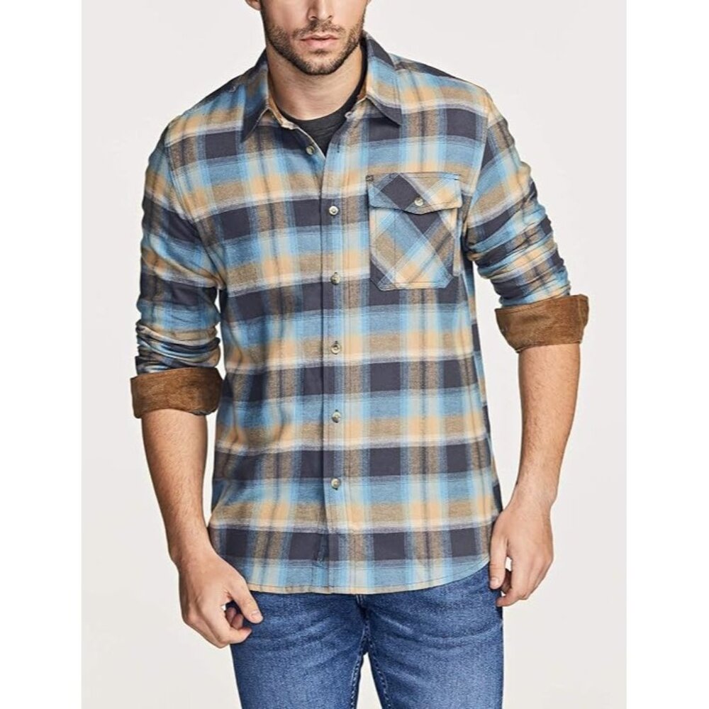 CQR Mens All Cotton Flannel Shirt Long Sleeve Brushed Soft Plaid Ocean Sand M